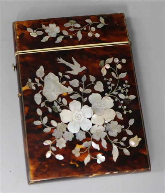 A Victorian mother of pearl inlaid tortoiseshell calling card case